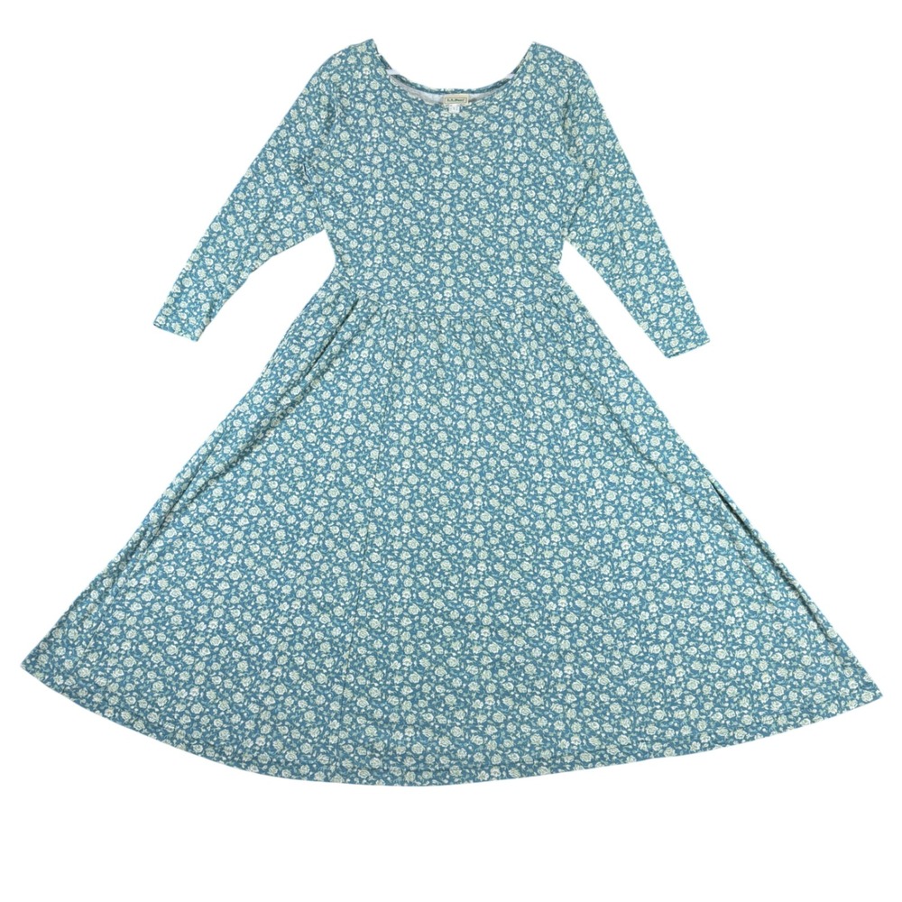 Vintage LL Bean Floral Midi Dress Teal White Long Sleeve Cotton Blend USA Made M